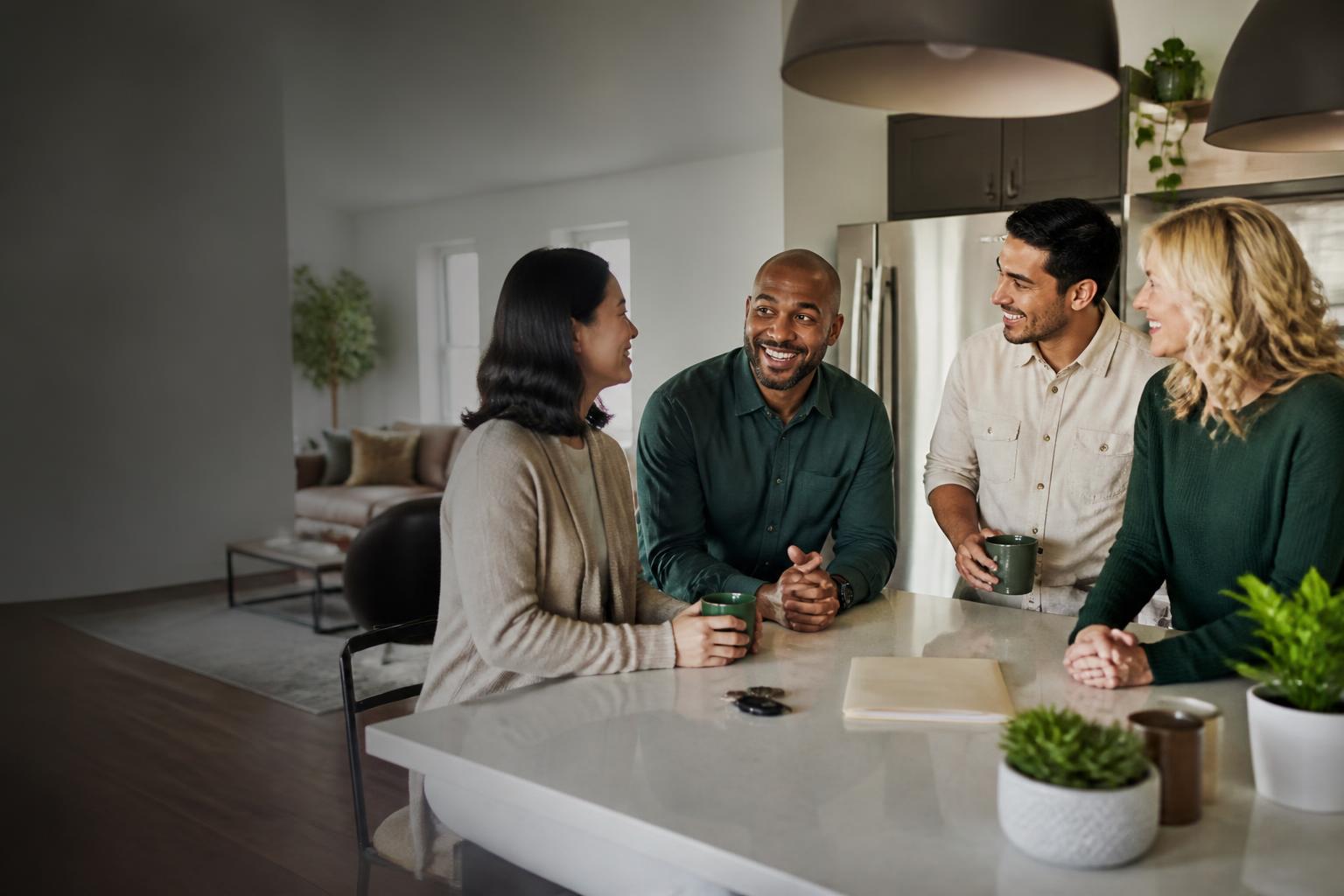 A diverse group of landlords and residents talking together in a bright rental home
